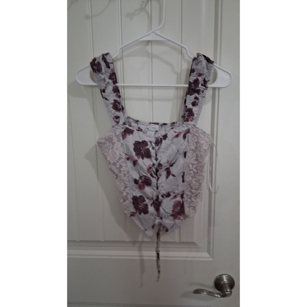 Melrose Women’s Medium Floral Lace Corset Crop Top White Mauve Smocked Tie Front